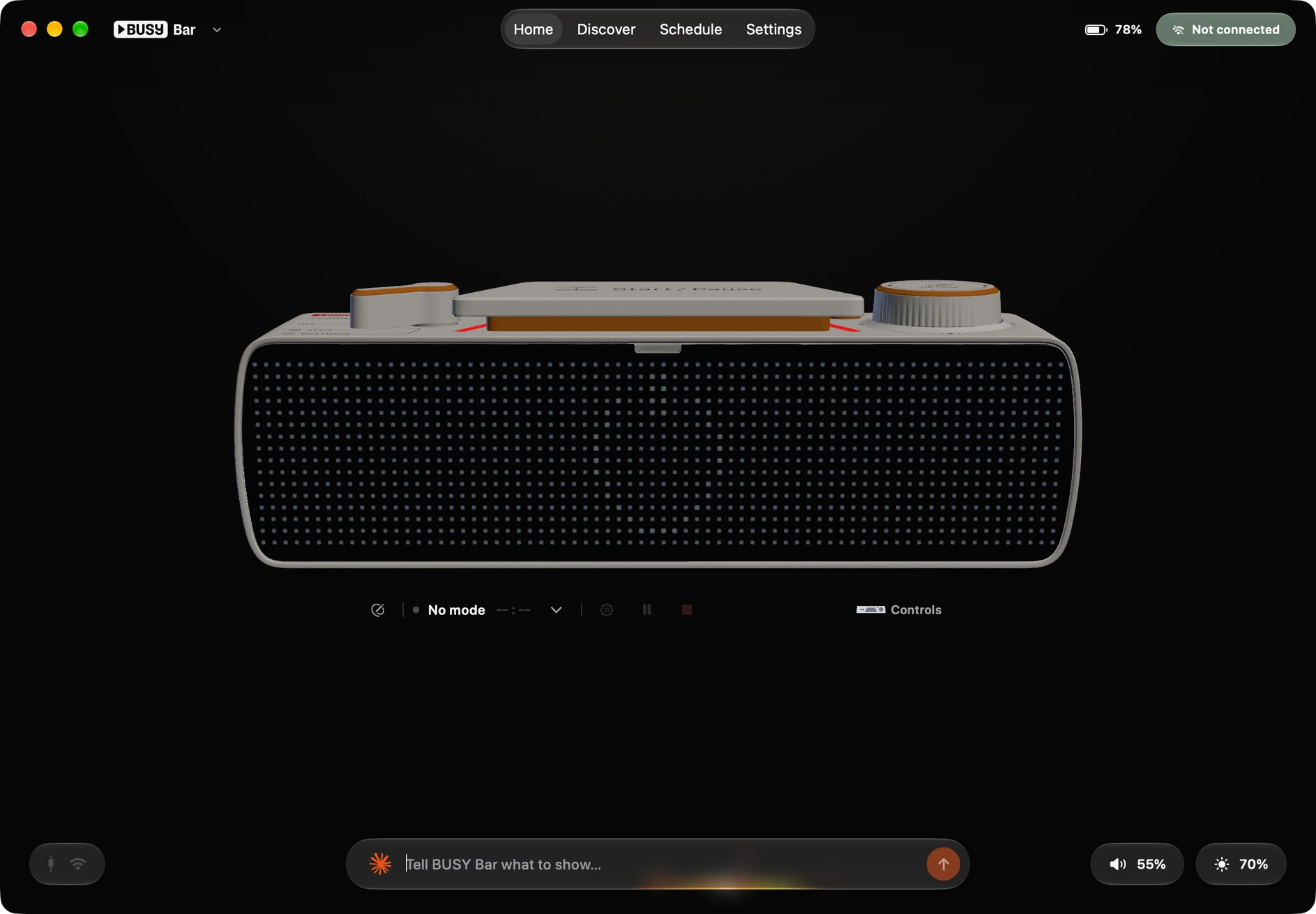iBusyBar’s Mac app with a live 3D preview of the bar showing Coding, a prompt field, and brightness and volume controls
